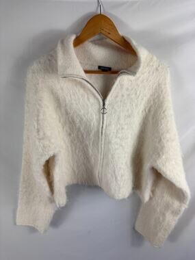 Wild Fable Fuzzy Zip Up Collared Crop Sweater White Size Small